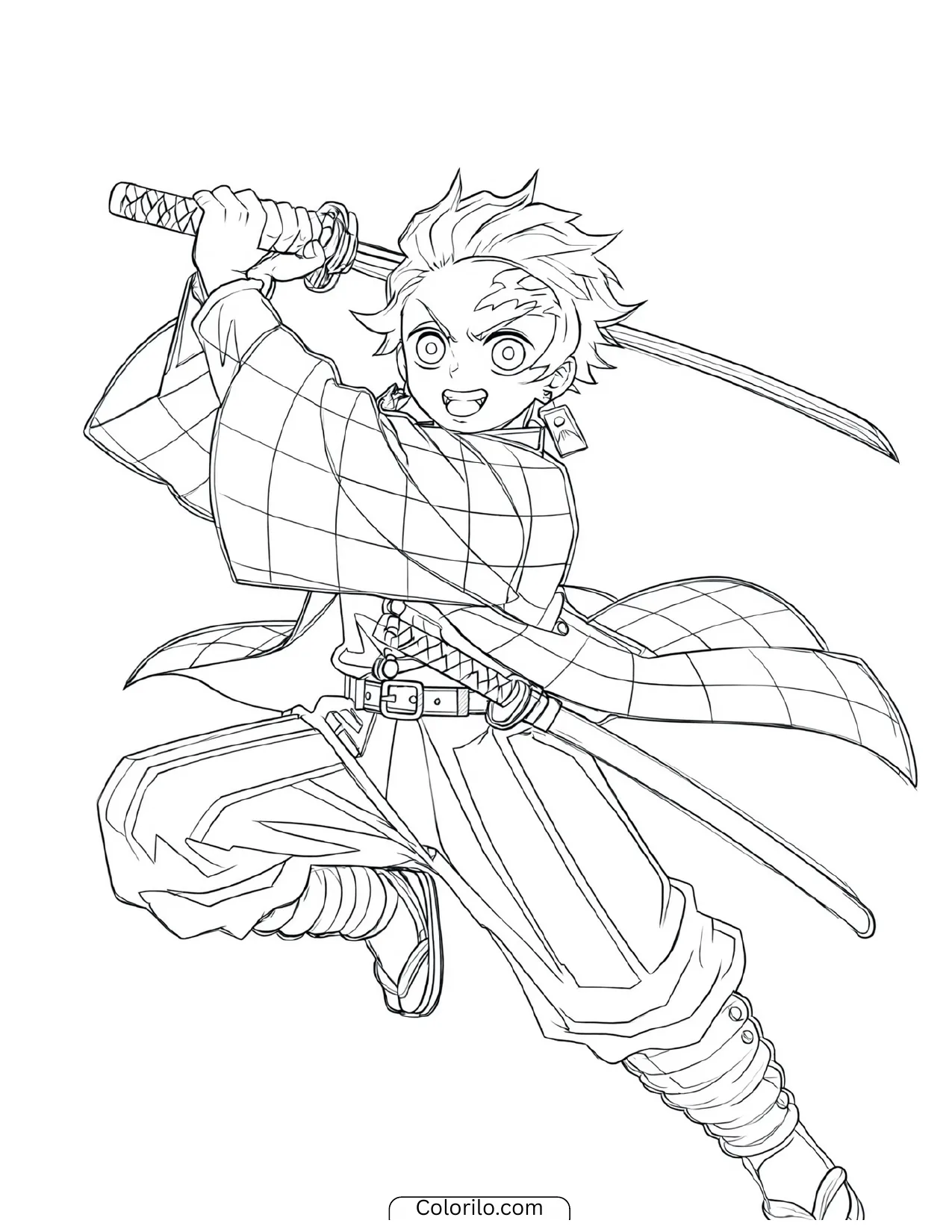 Tanjiro delivering an overhead strike in midair coloring page
