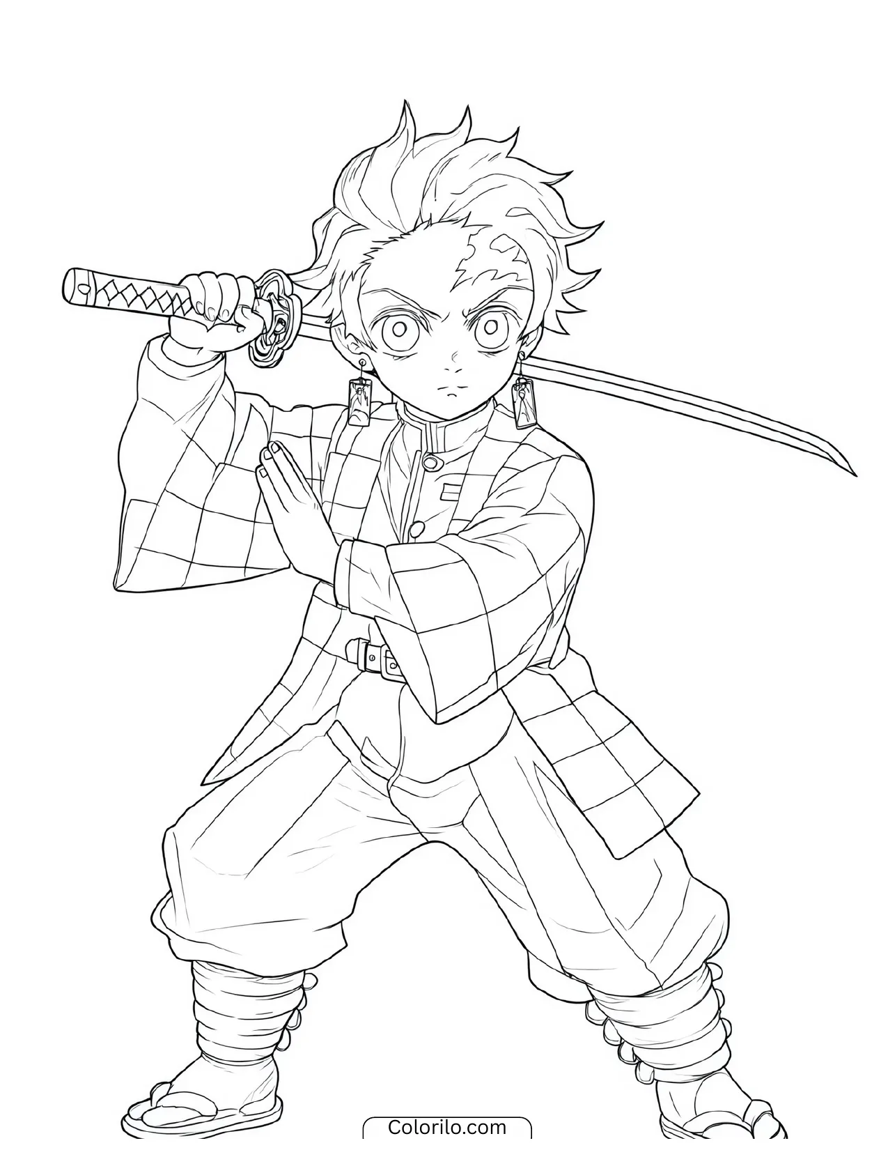Tanjiro holding his blade behind his neck in a guard stance coloring page