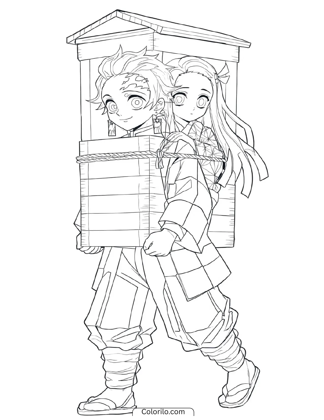 Tanjiro carrying his wooden box with Nezuko peeking out coloring page