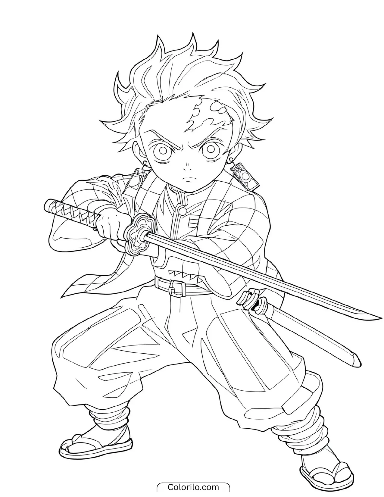 Tanjiro Kamado in a combat stance ready to fight coloring page