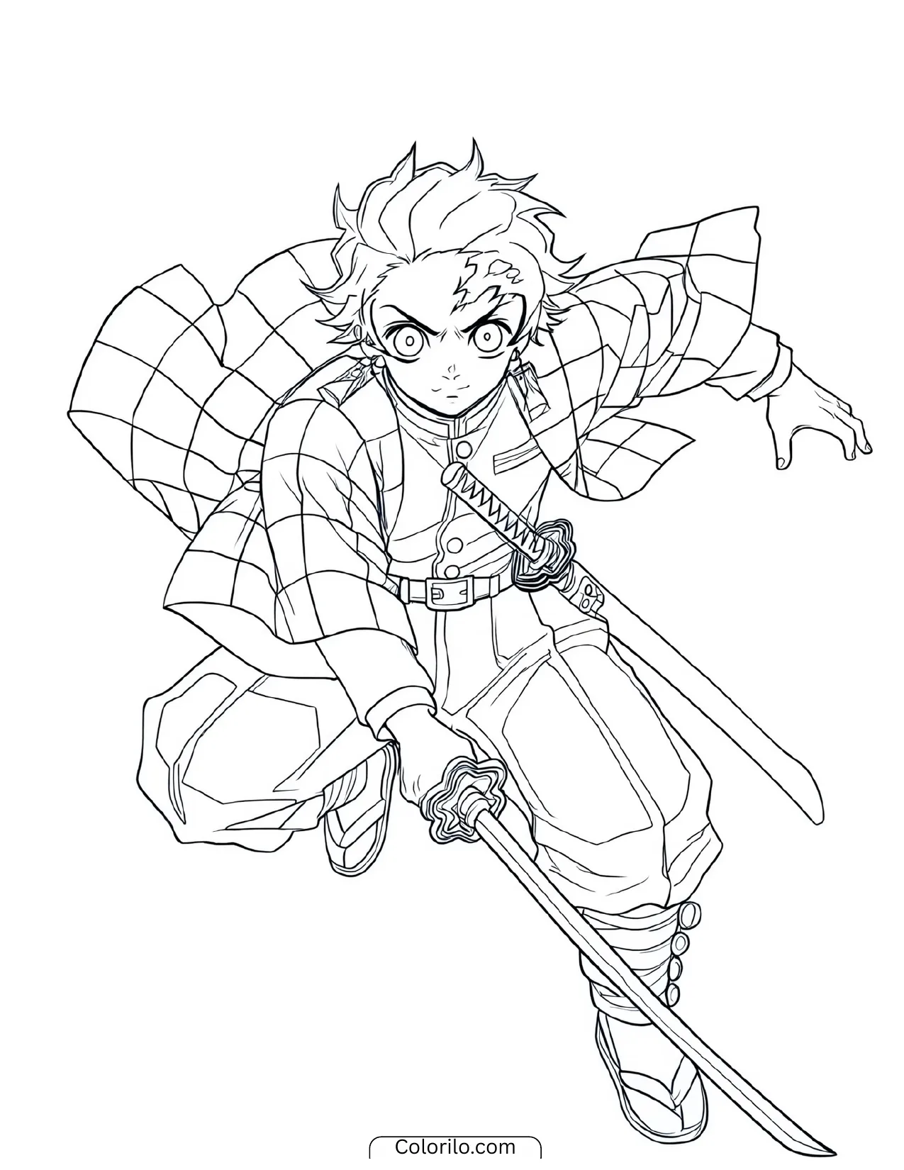 Tanjiro performing a diagonal slash in midair coloring page