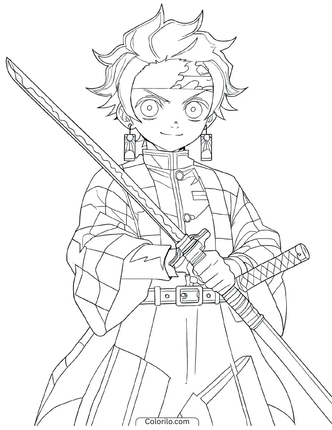 Tanjiro holding his sword in a diagonal guard coloring page