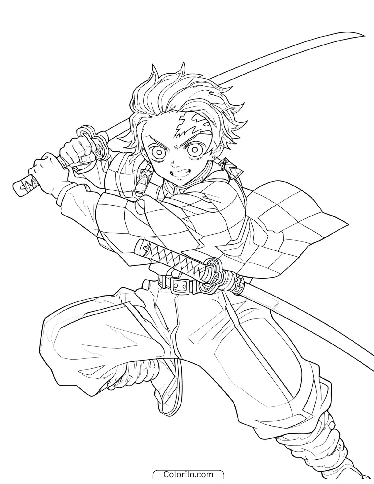 Tanjiro drawing his sword downward from the shoulder coloring page