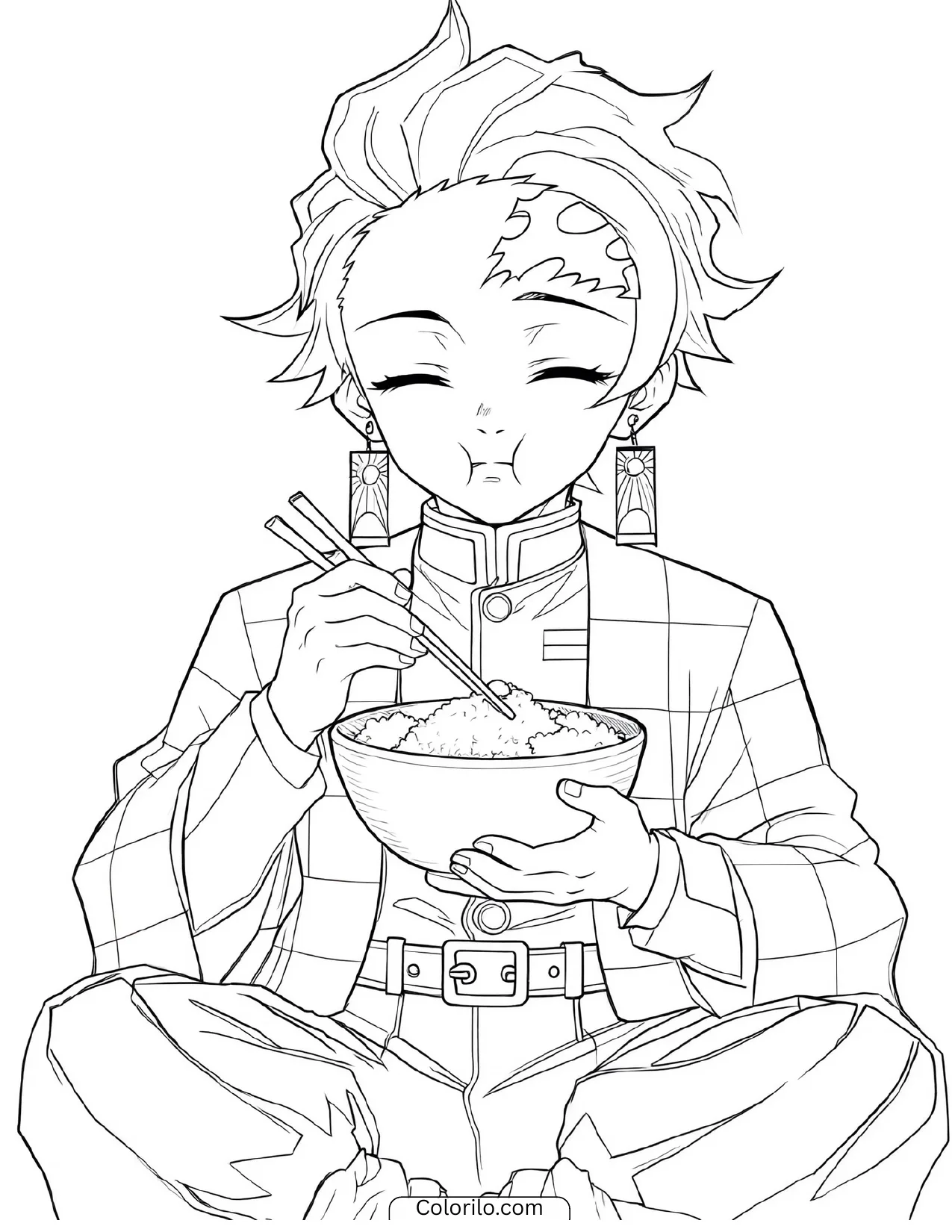 Tanjiro happily eating from a bowl coloring page