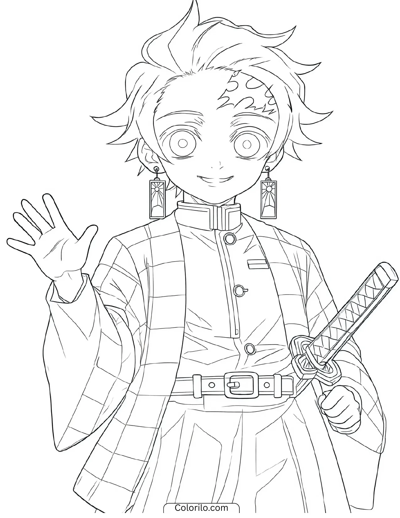 Tanjiro waving in a friendly greeting coloring page