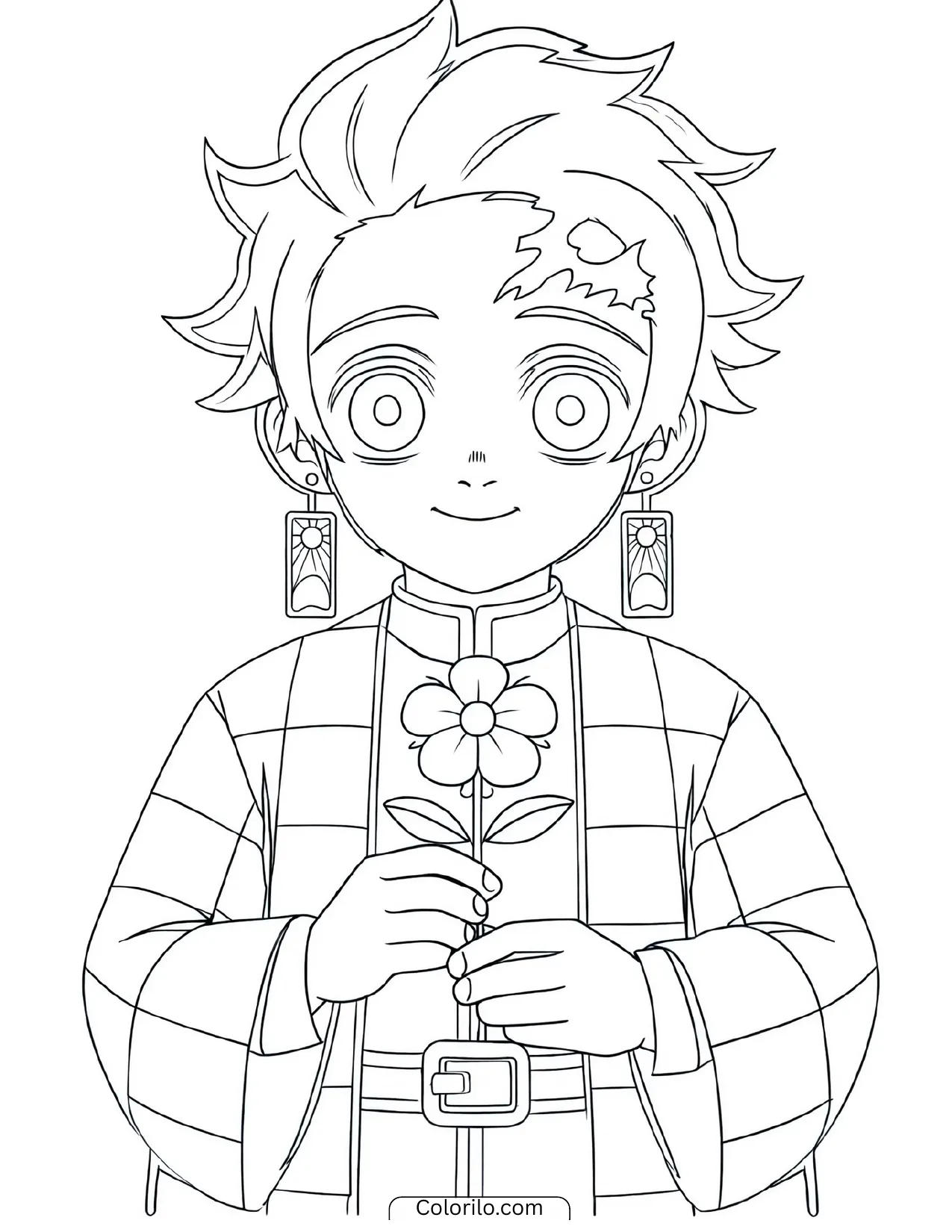 Tanjiro gently holding a flower coloring page