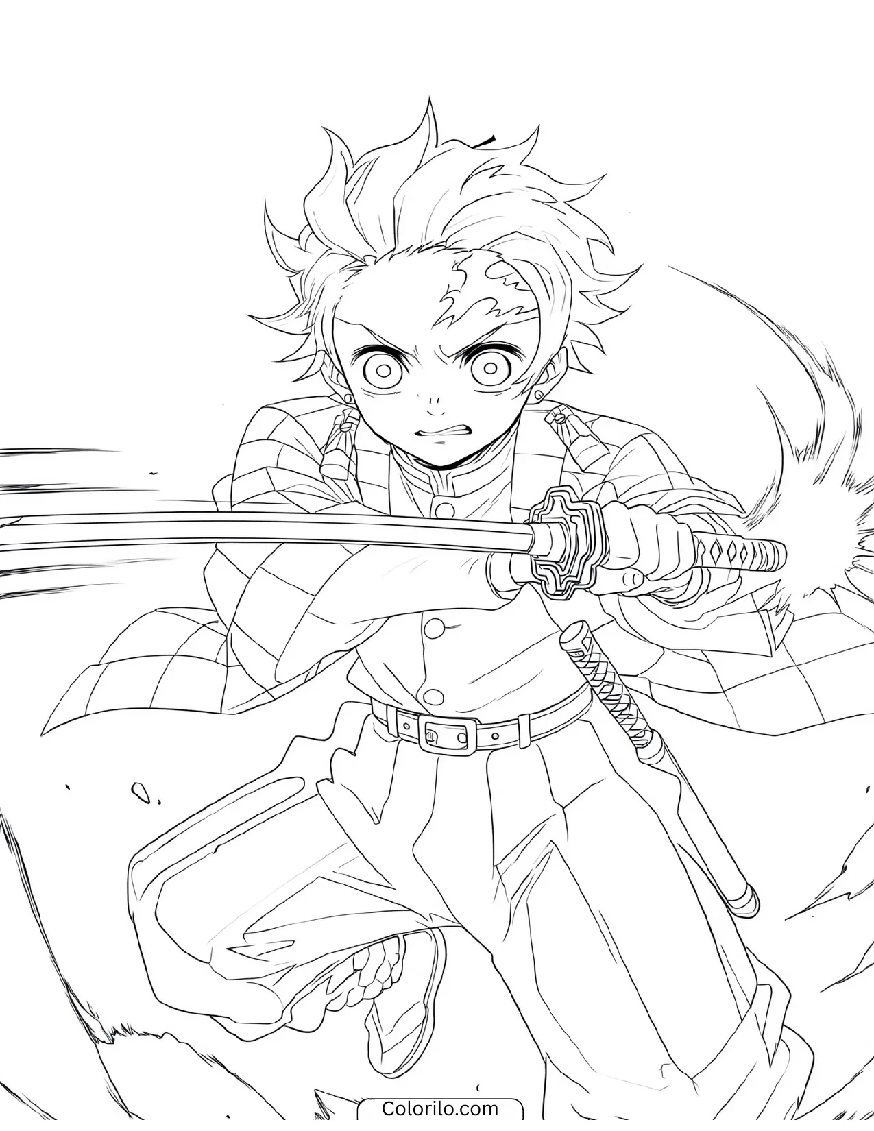 Tanjiro performing a horizontal sword slash coloring page