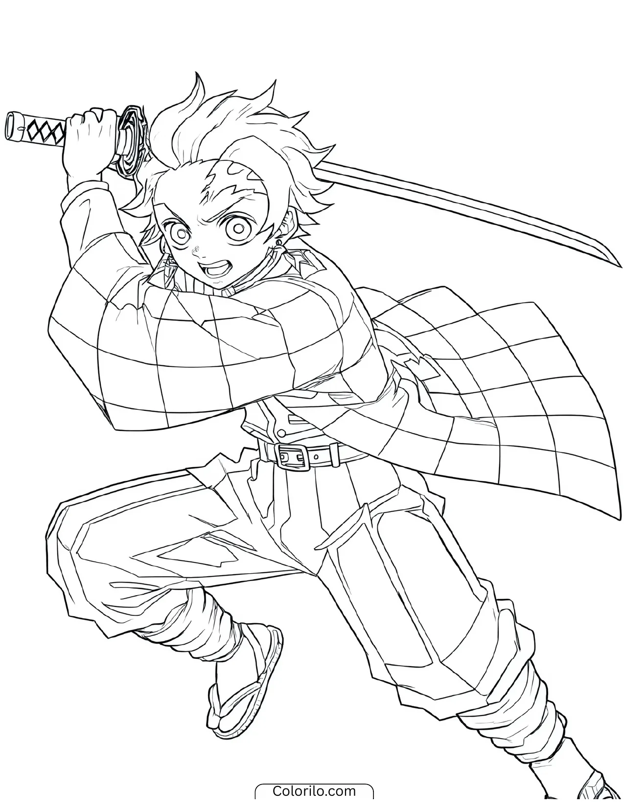 Tanjiro leaping into an overhead slash coloring page