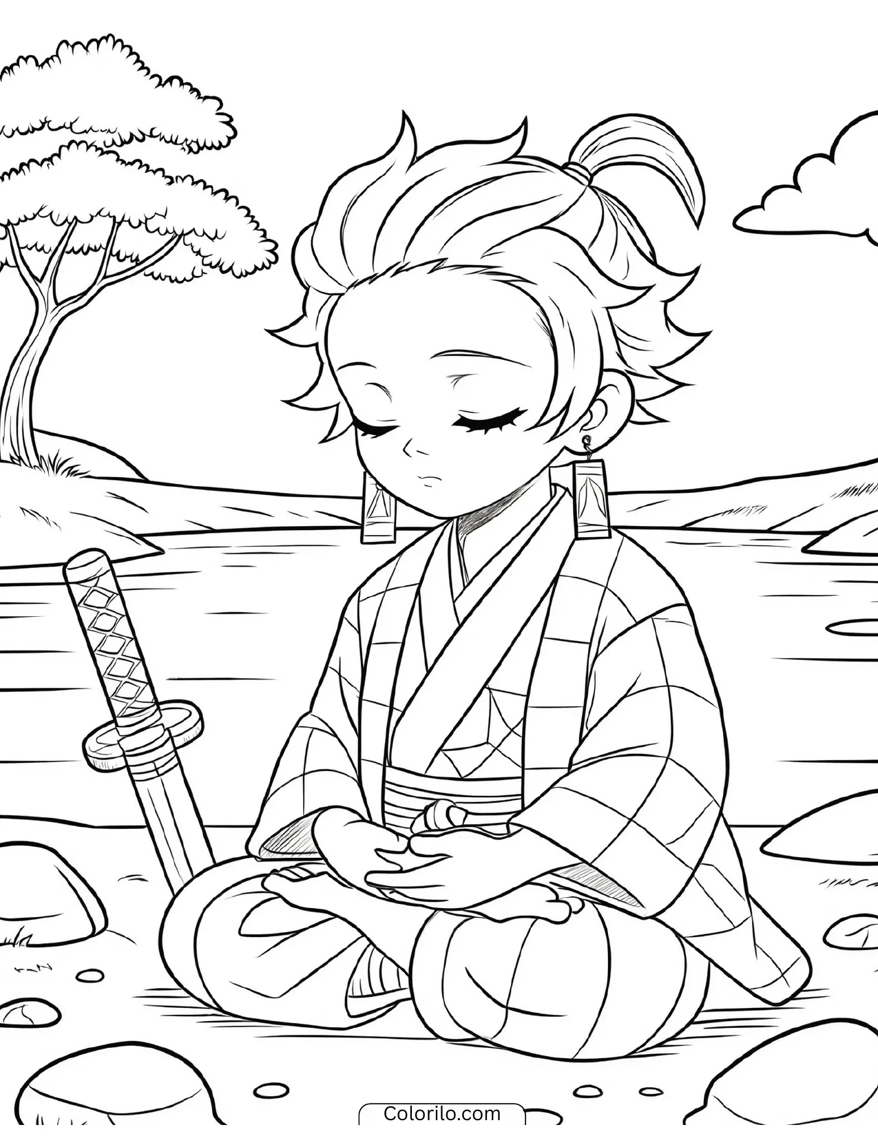 Tanjiro meditating quietly beside the water coloring page