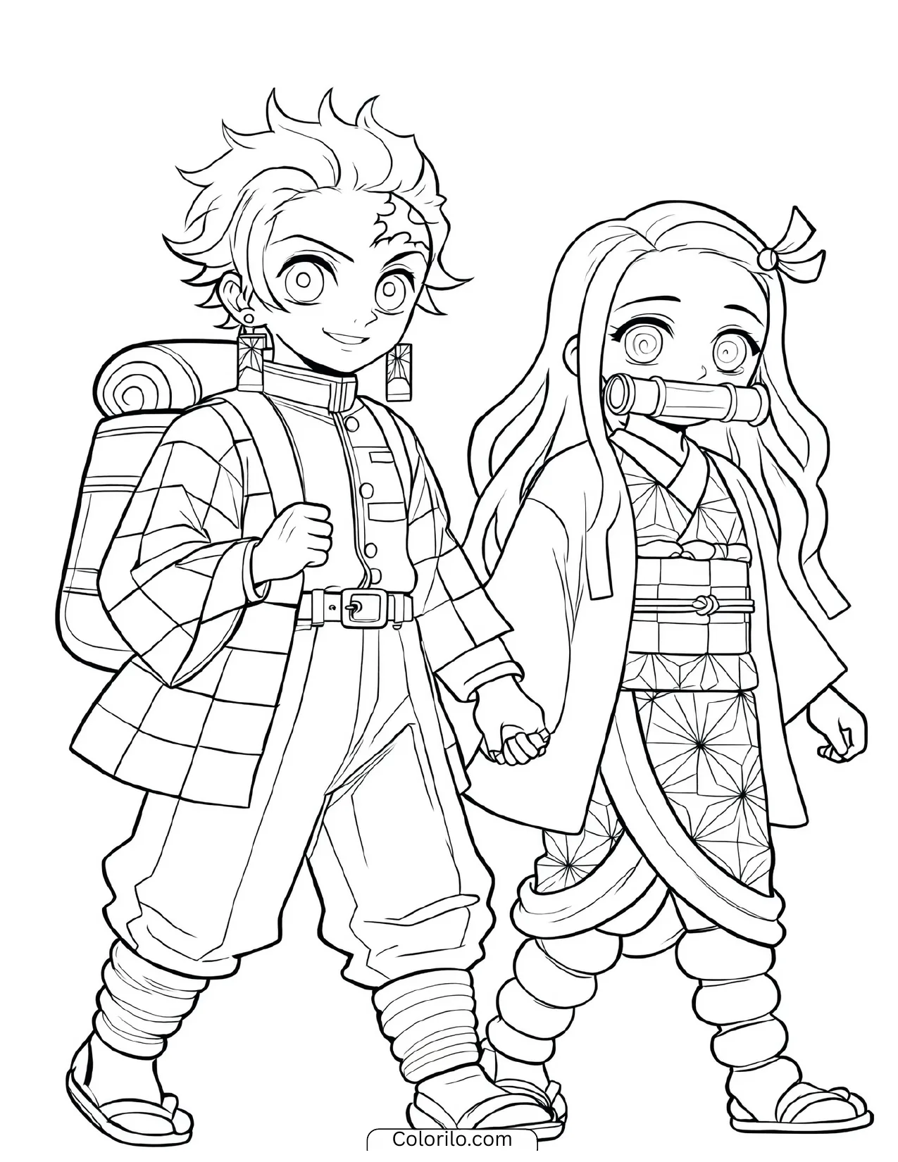 Tanjiro and Nezuko holding hands together coloring page