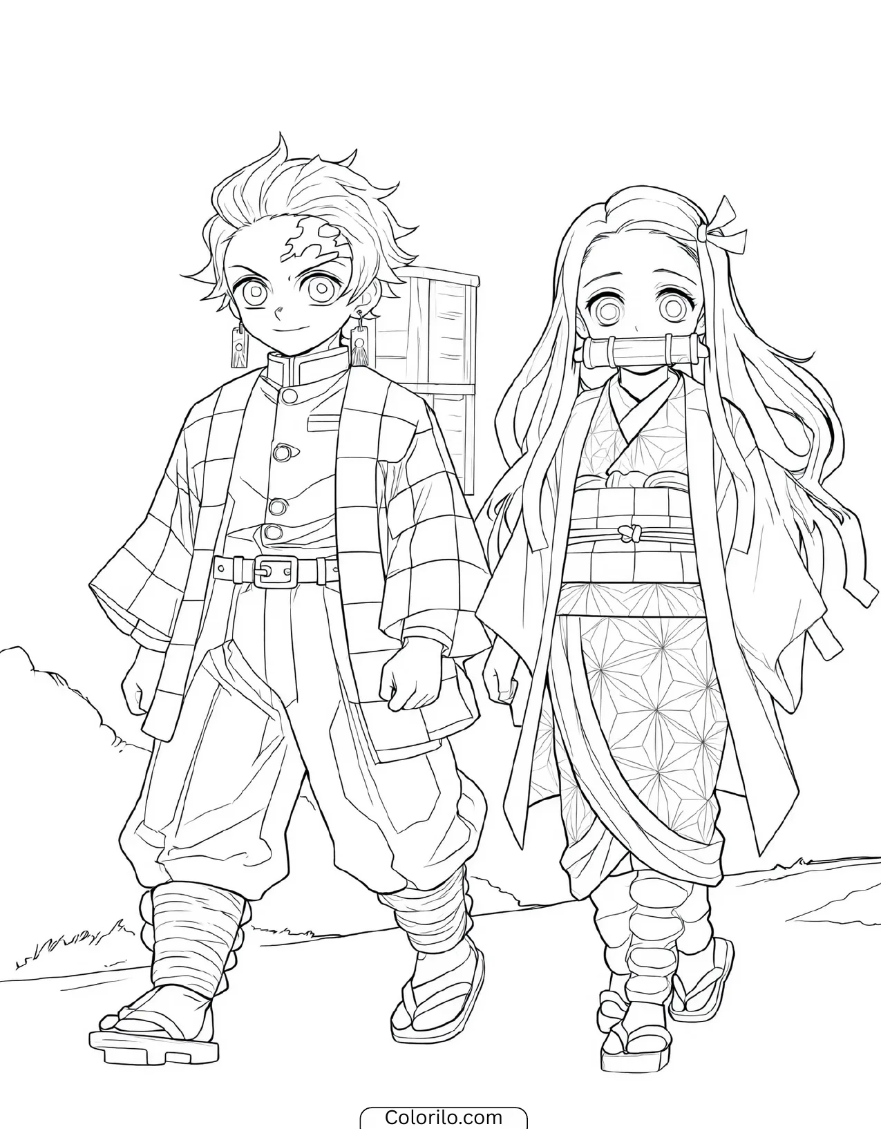 Tanjiro and Nezuko walking together coloring page