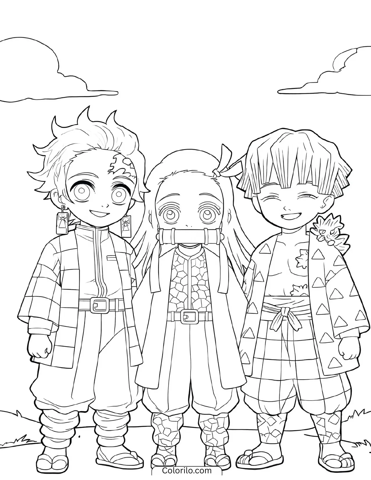 Tanjiro, Nezuko and Zenitsu standing together coloring page
