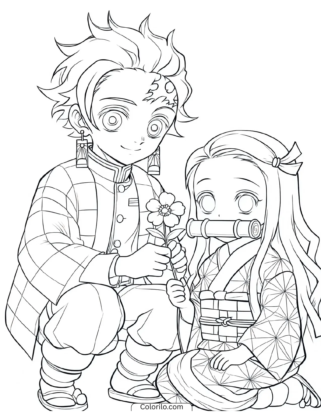 Tanjiro offering a flower to Nezuko coloring page