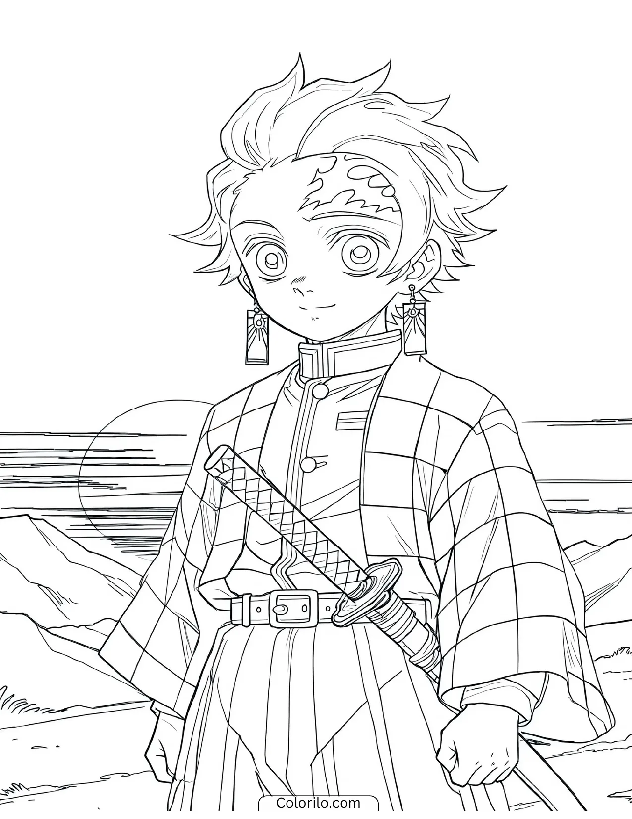 Tanjiro standing peacefully before a mountain sunset coloring page