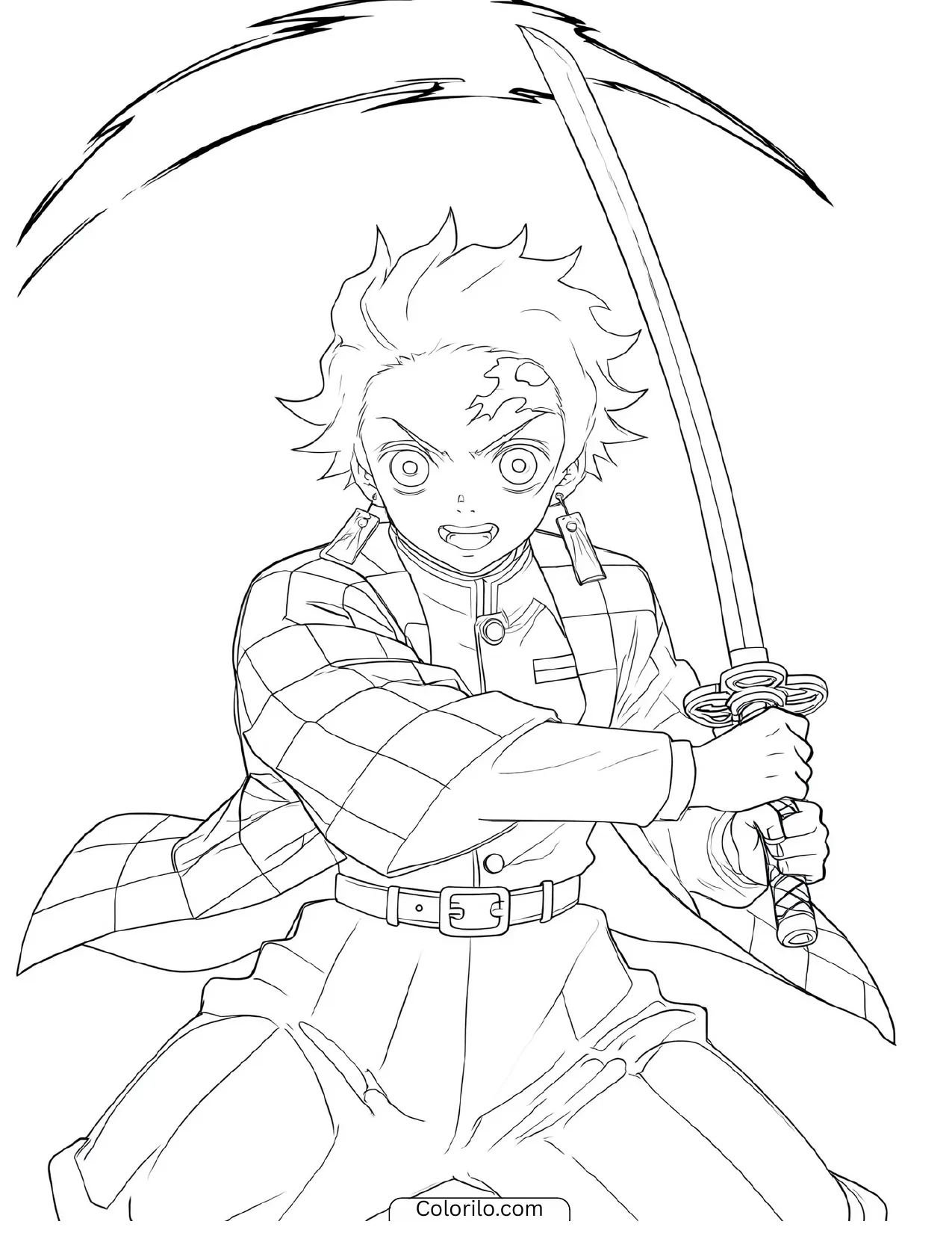 Tanjiro shouting as he swings his sword coloring page