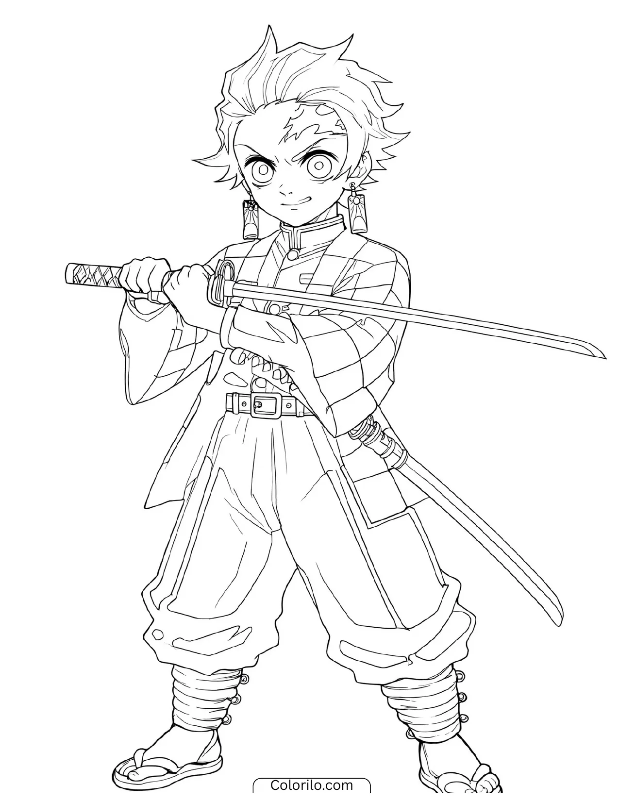 Tanjiro smirking while holding his blade in a guard position coloring page