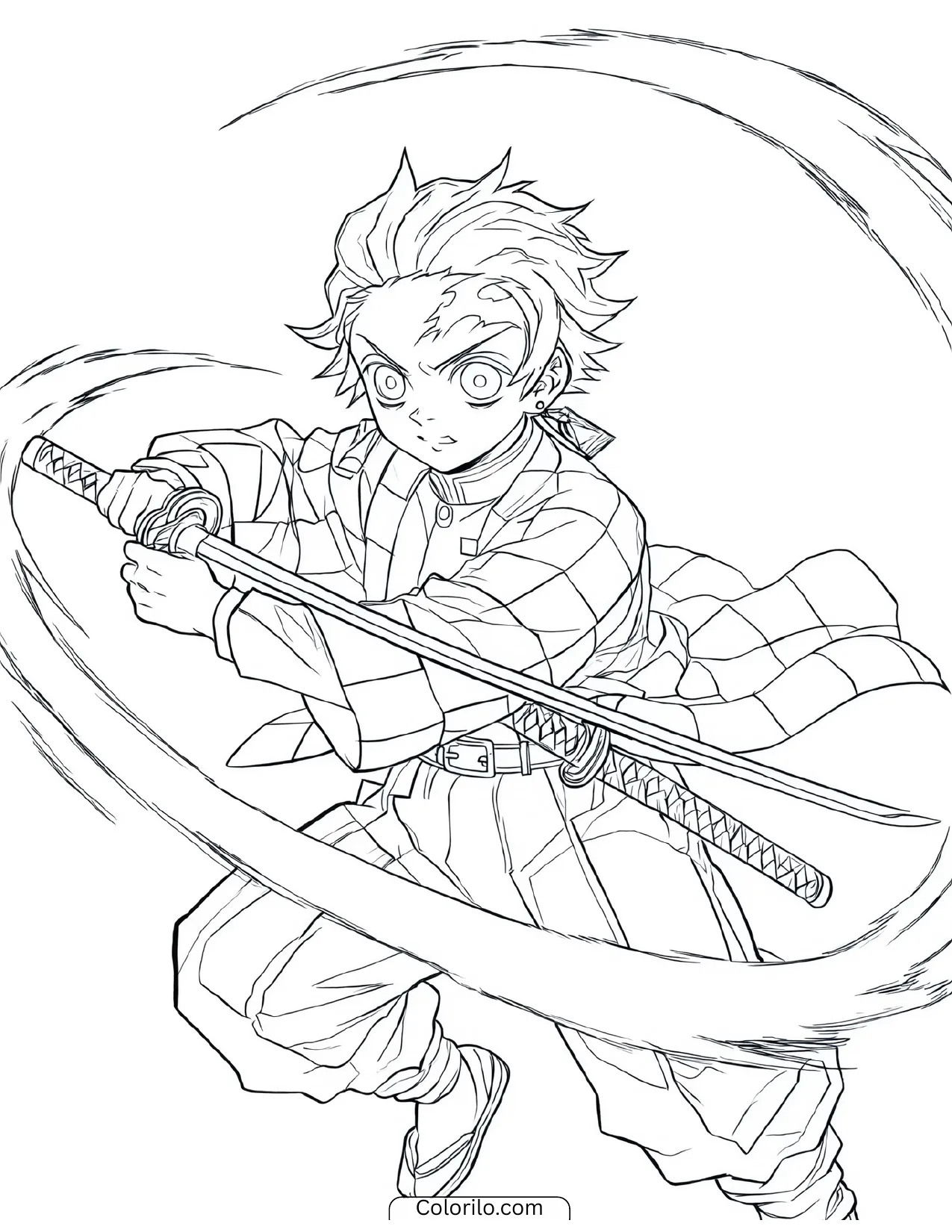 Tanjiro swinging his sword in a sweeping slash coloring page