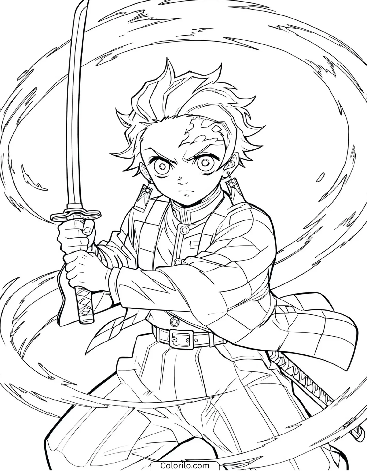 Tanjiro unleashing a swirling energy slash coloring page