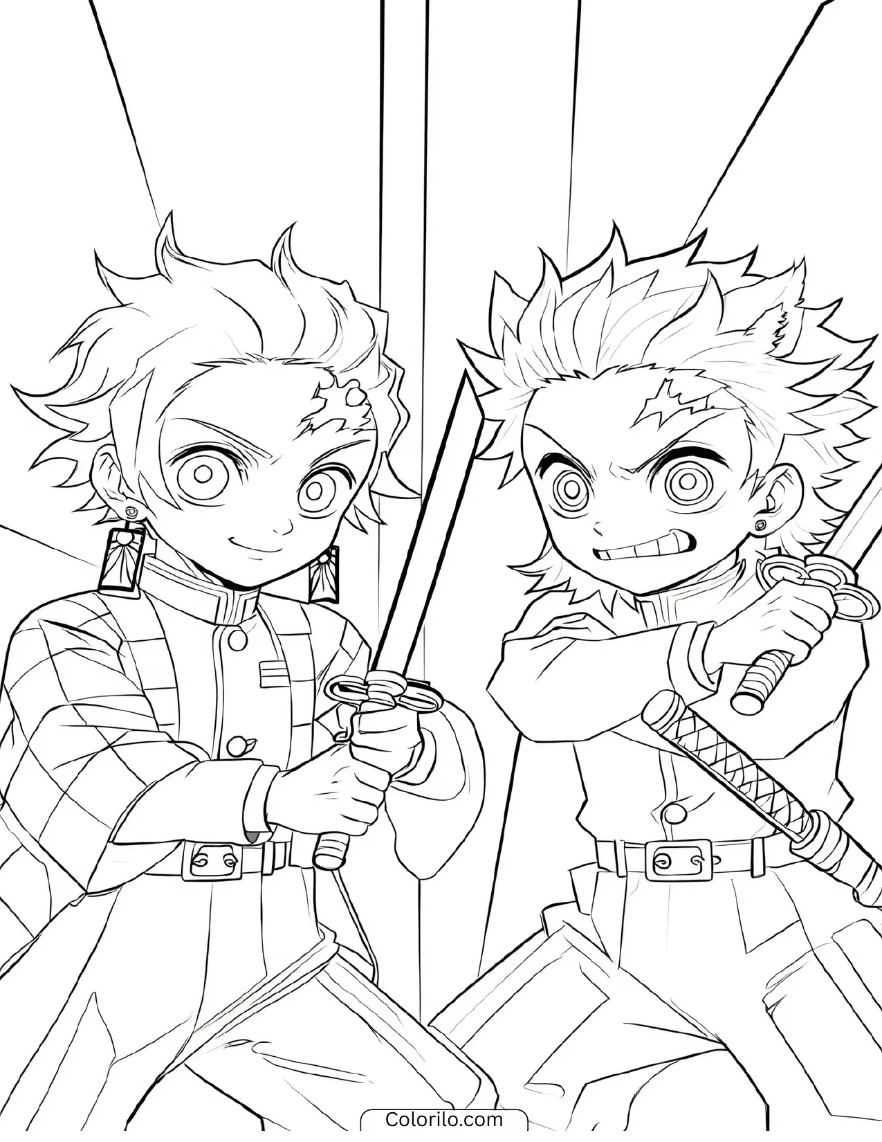 Tanjiro facing off in a two-sword confrontation coloring page