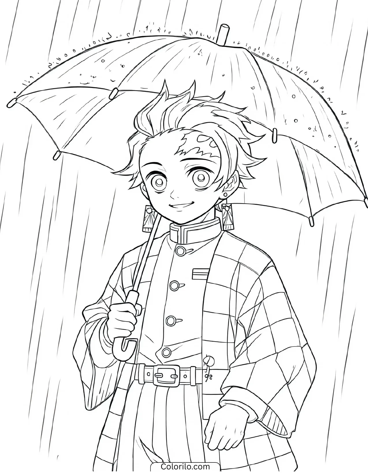 Tanjiro holding an umbrella in the rain coloring page