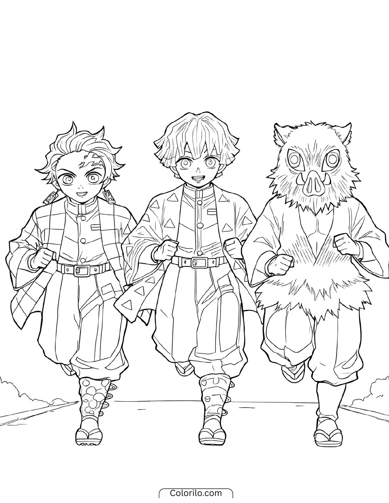 Tanjiro, Zenitsu and Inosuke running together coloring page
