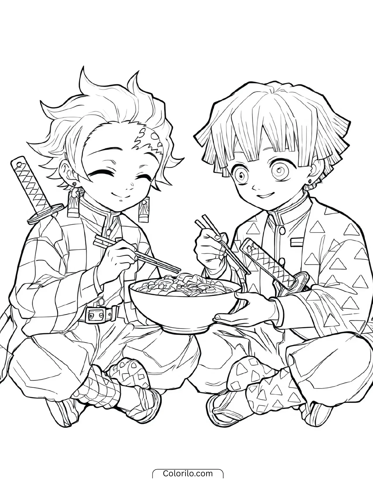Tanjiro and Zenitsu sharing a bowl of food coloring page