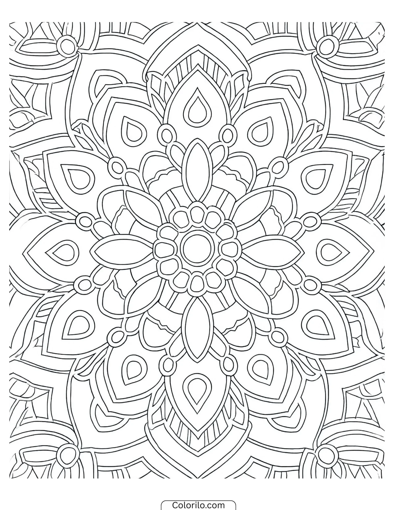 Sunburst mandala with teardrop shield shapes coloring page