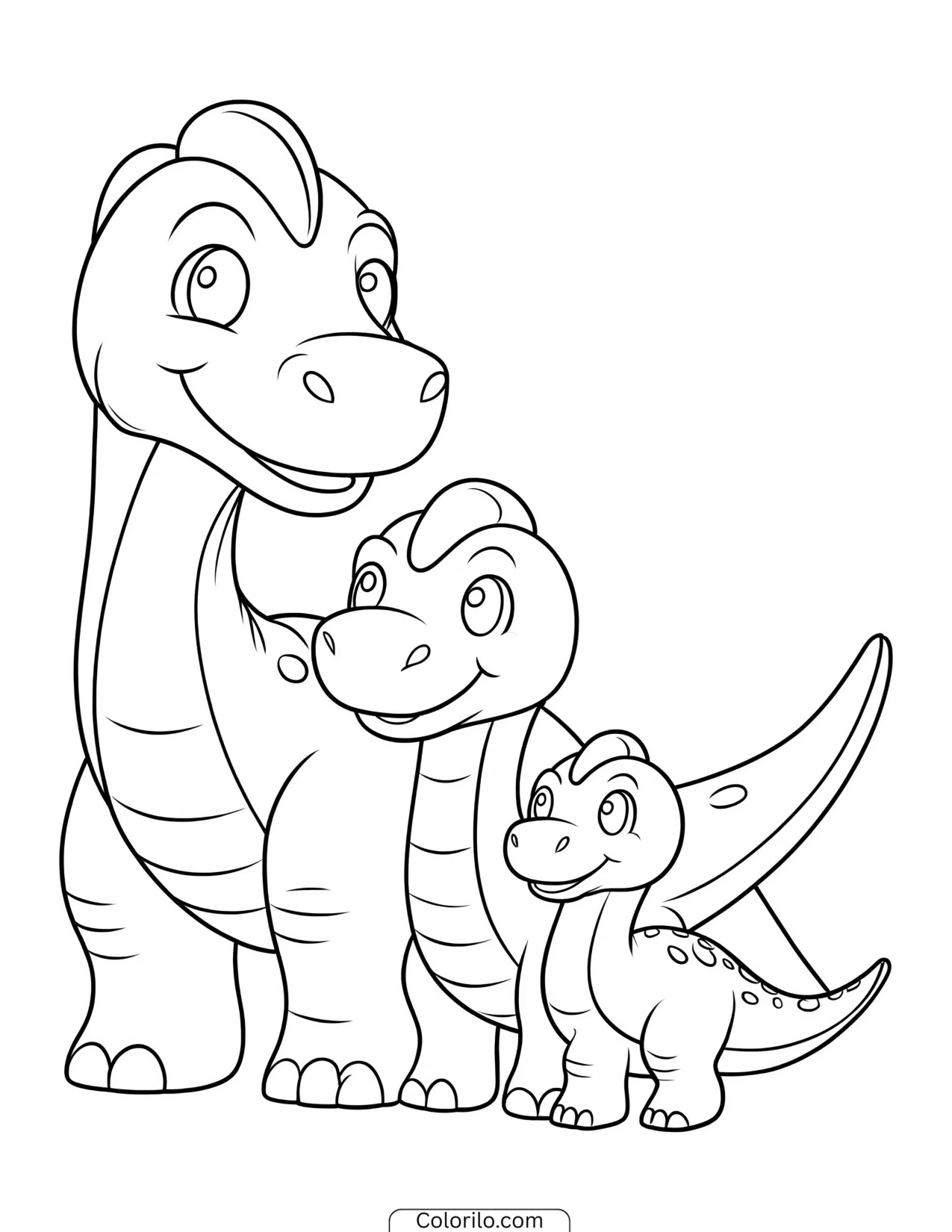 Three crested dinosaurs lined up side by side coloring page