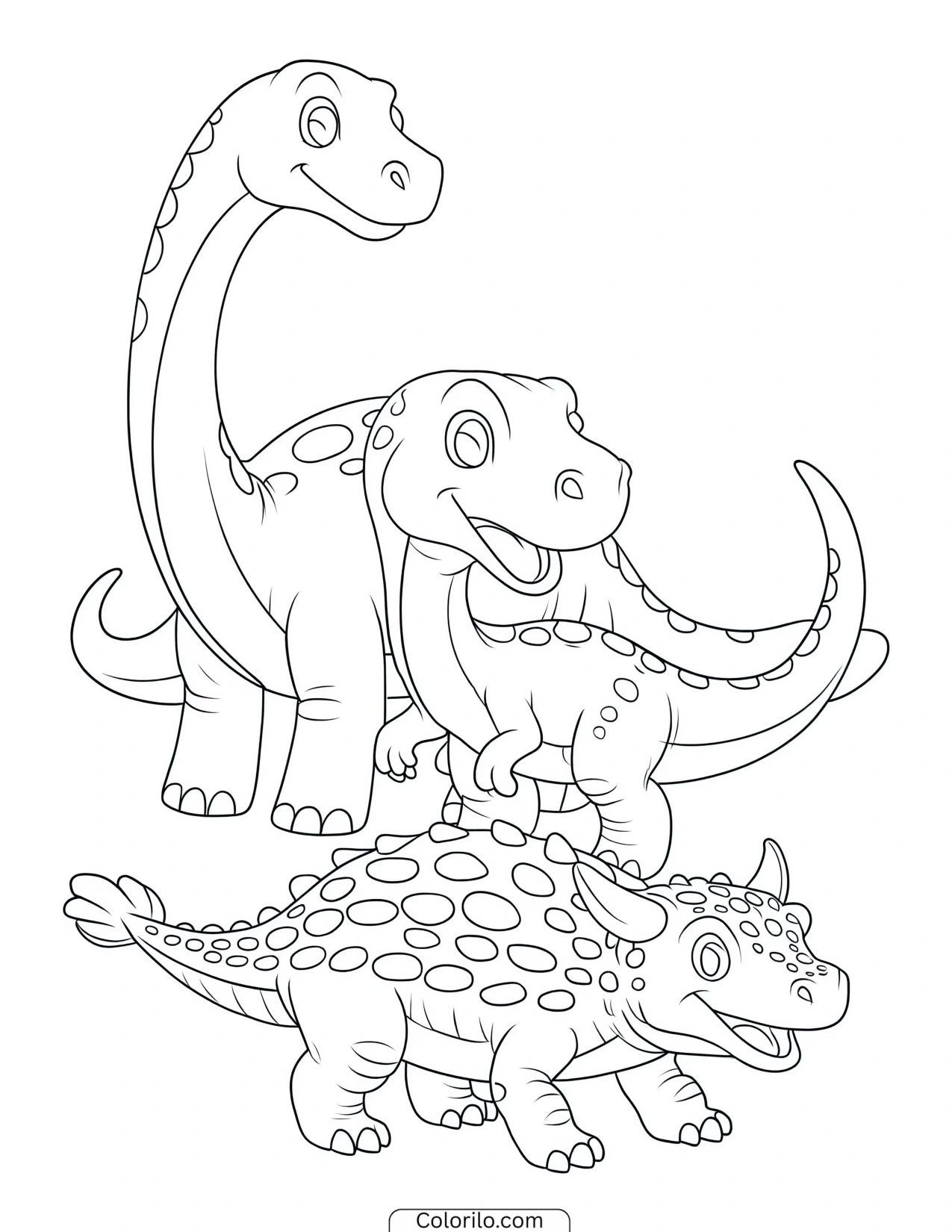 Three friendly dinosaurs grouped together coloring page