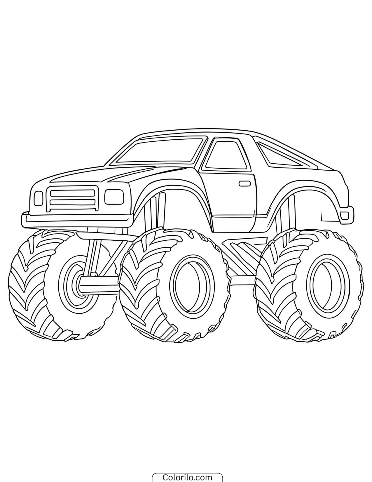 Three-quarter view of a monster truck coloring page