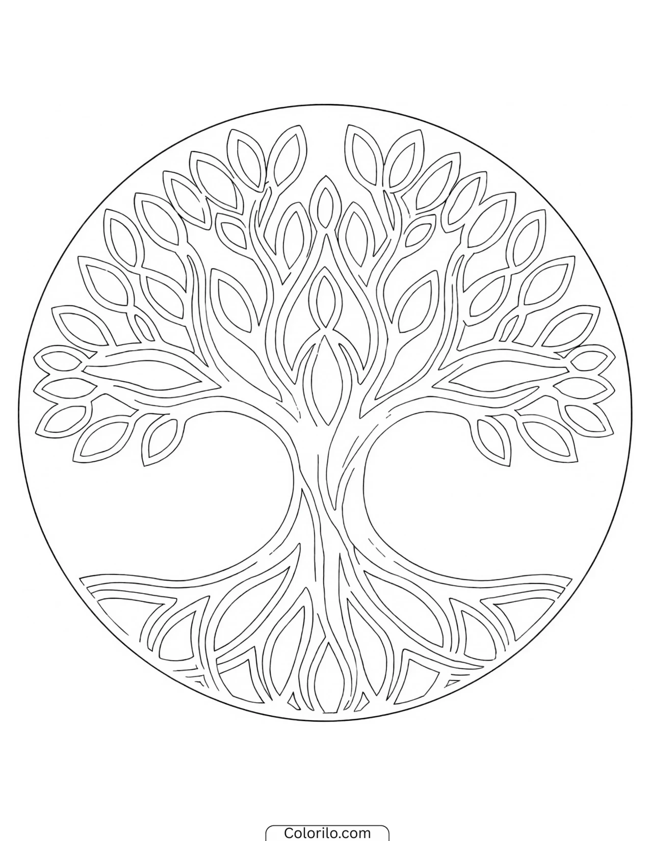 Tree of Life design enclosed in a circle coloring page