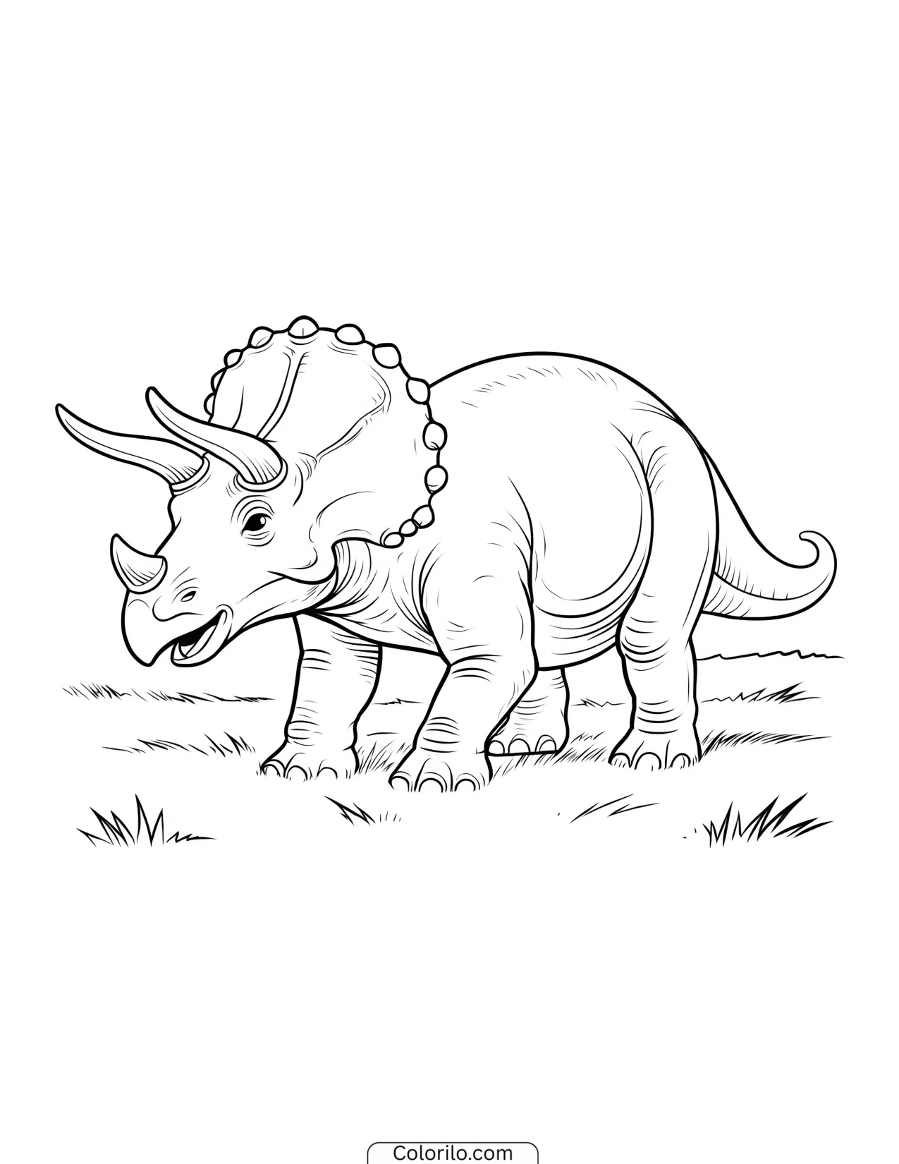 Triceratops standing on grass with its three horns and frill coloring page
