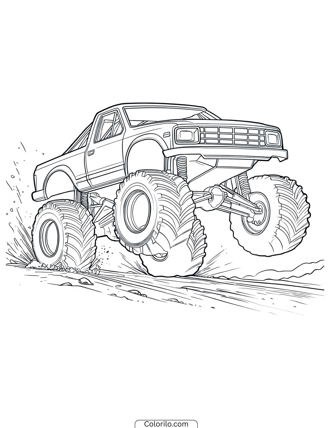 Monster truck accelerating with speed lines behind it coloring page