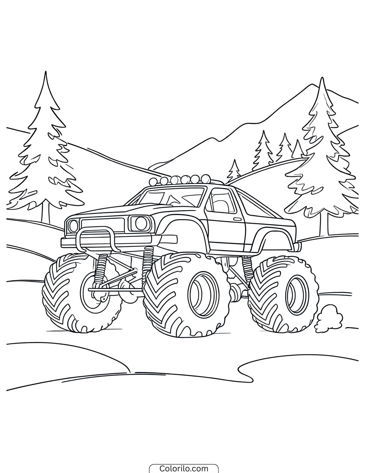 Monster truck driving among pine trees coloring page