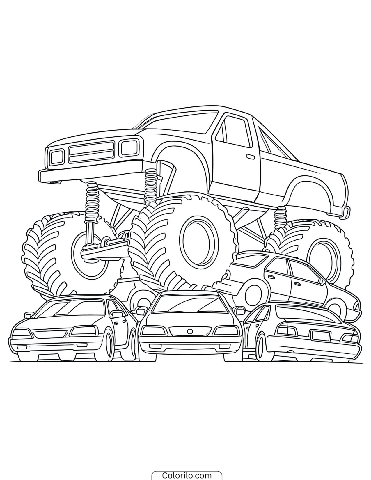 Monster truck crushing a row of cars coloring page
