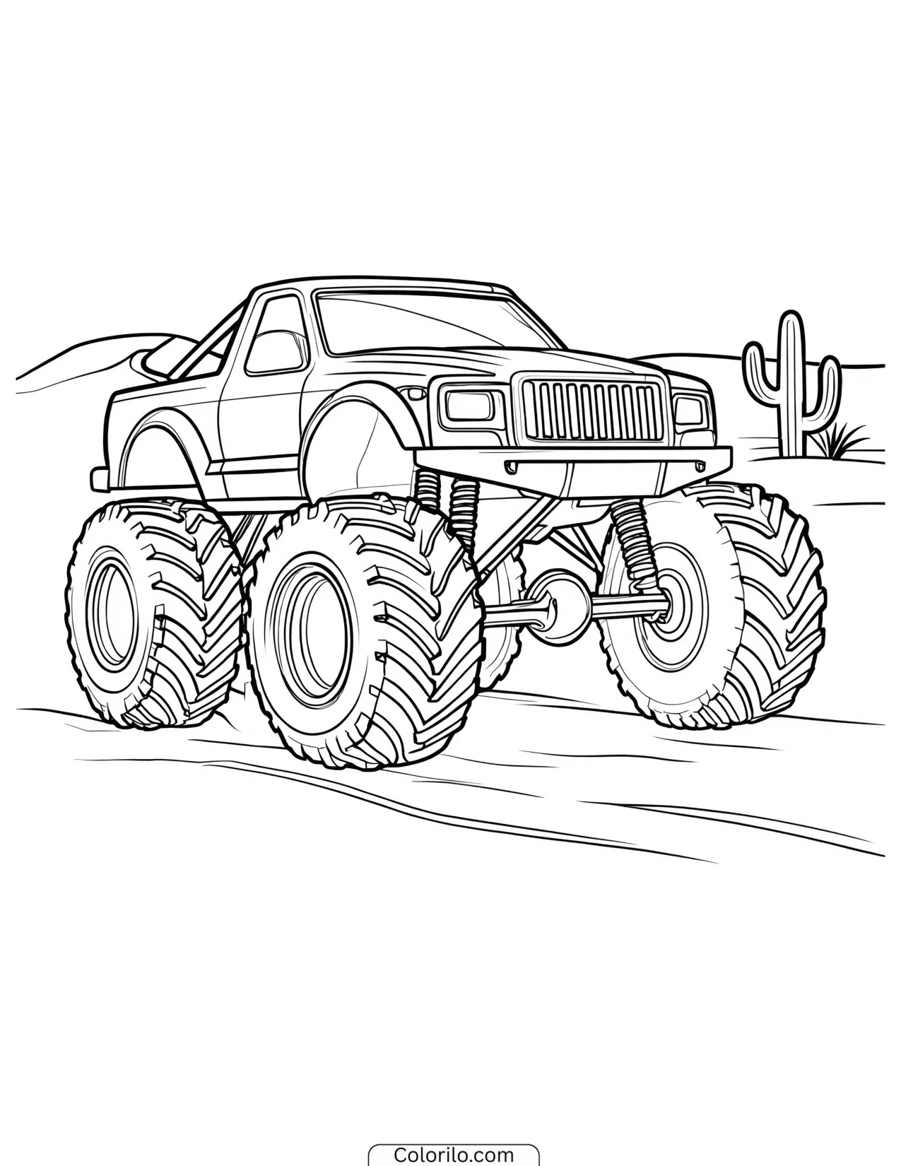 Monster truck crossing a desert landscape coloring page