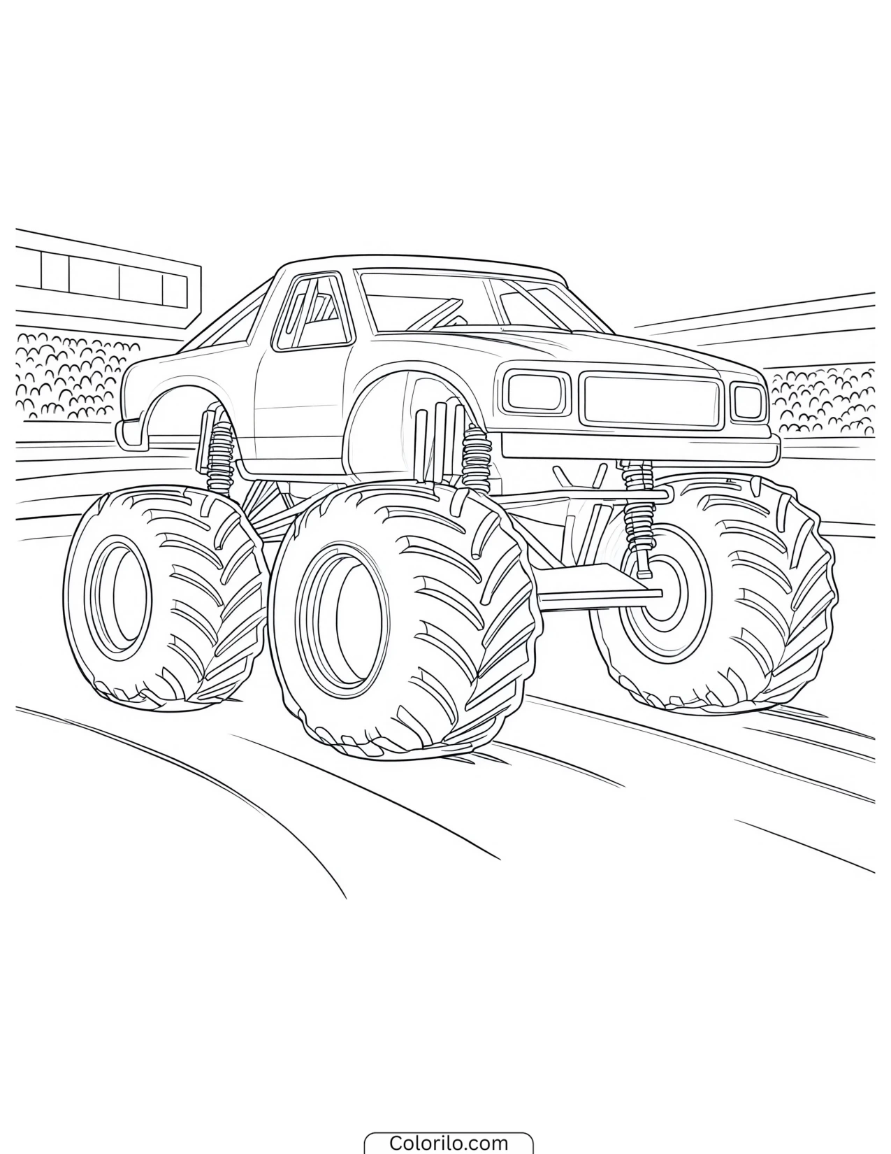 Monster truck performing in a stadium arena coloring page