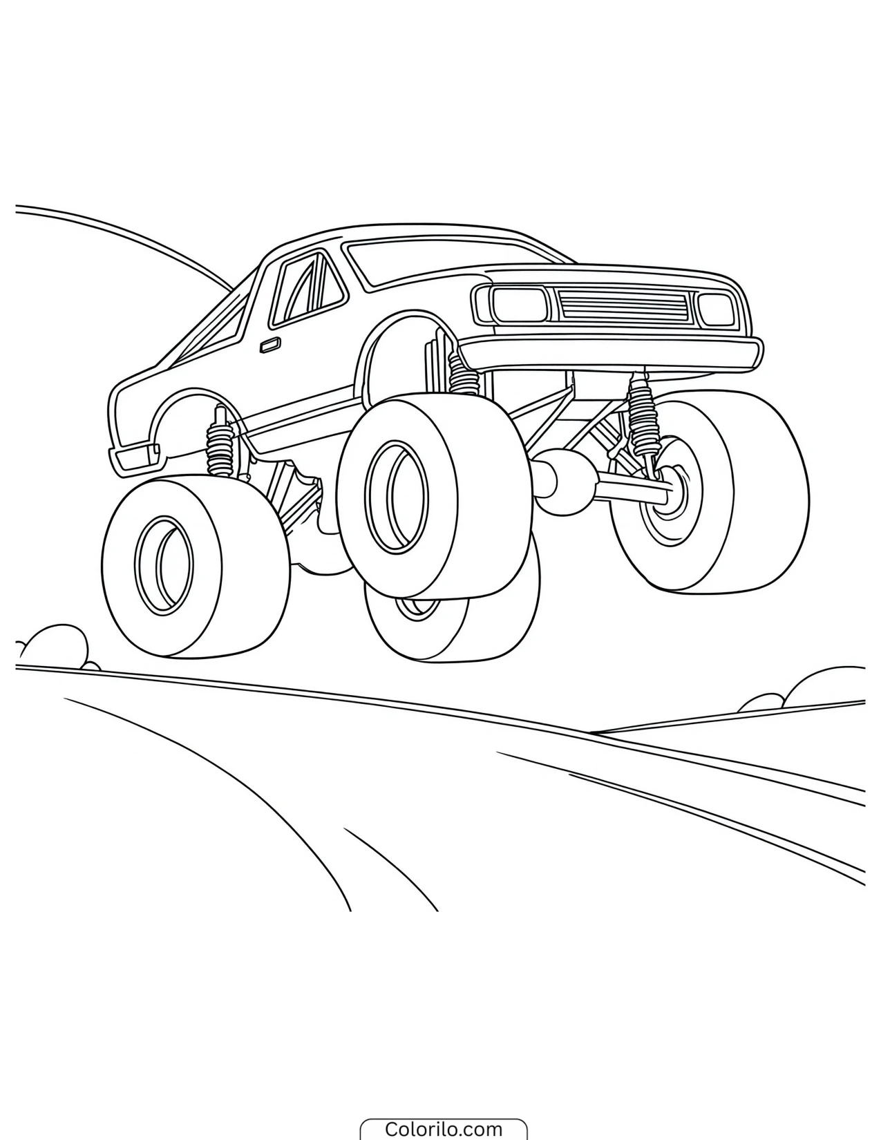 Monster truck jumping over mounds of dirt coloring page