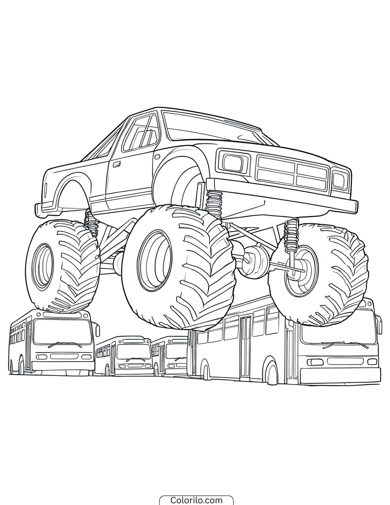 Monster truck jumping a line of buses coloring page