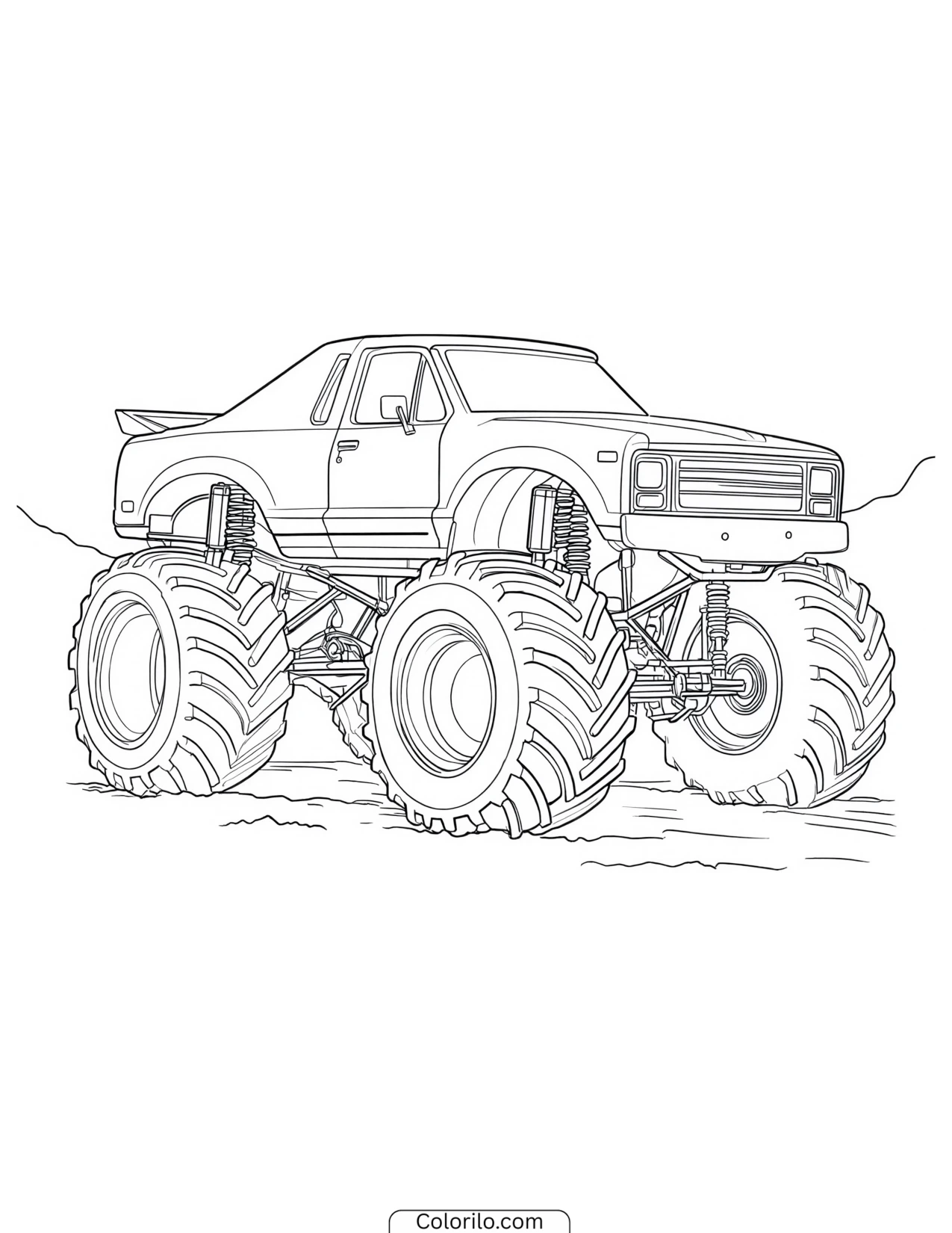Monster truck standing on rough textured ground coloring page
