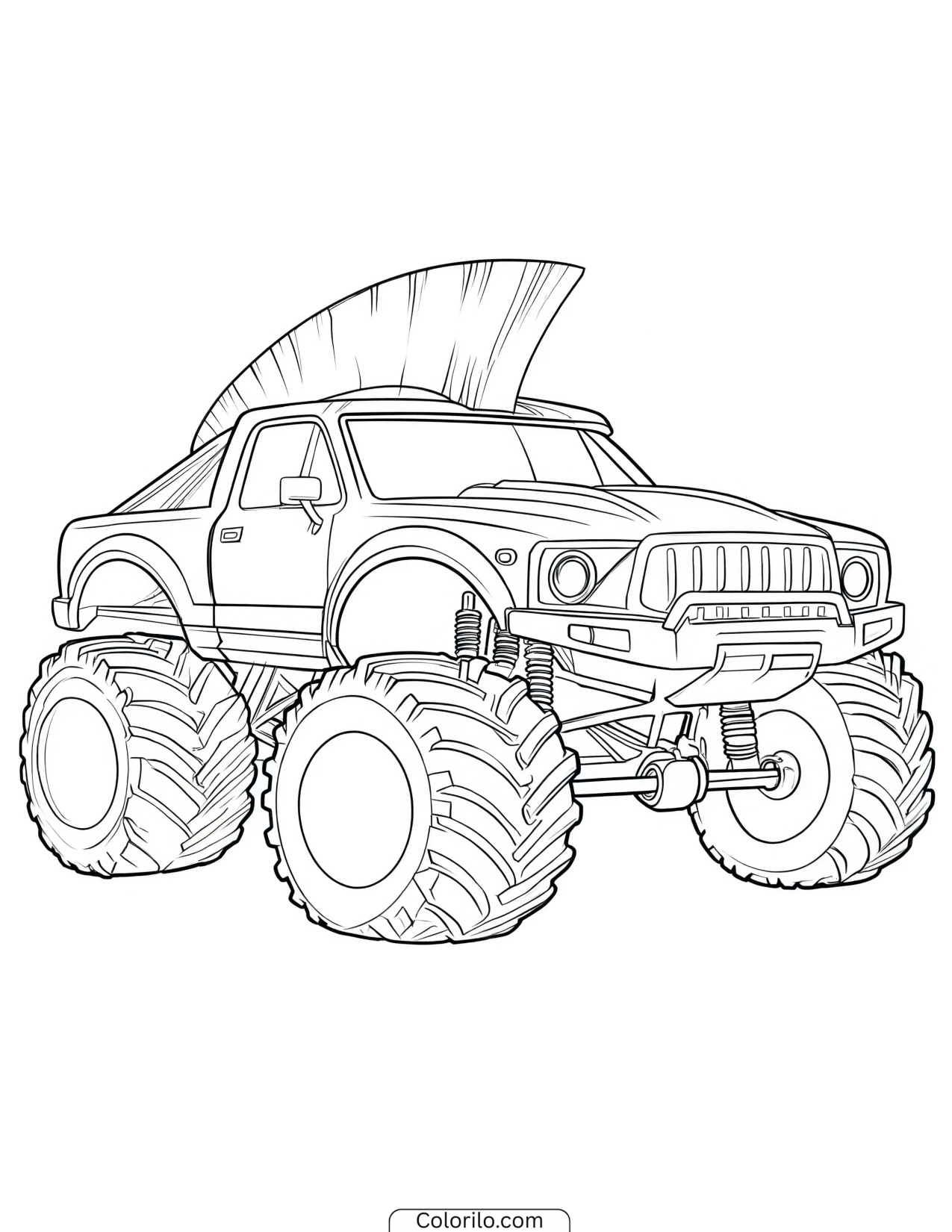 Monster truck with a mohawk fin along the roof coloring page