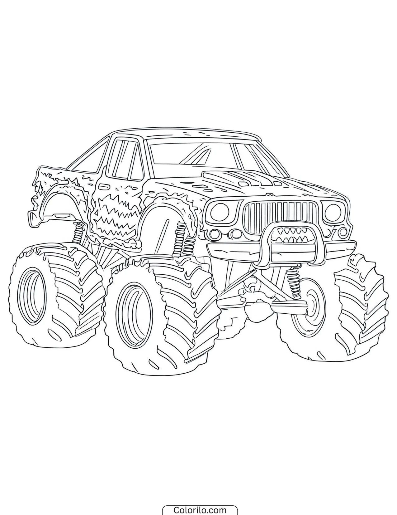 Monster truck with monster-mouth graphics on the body coloring page