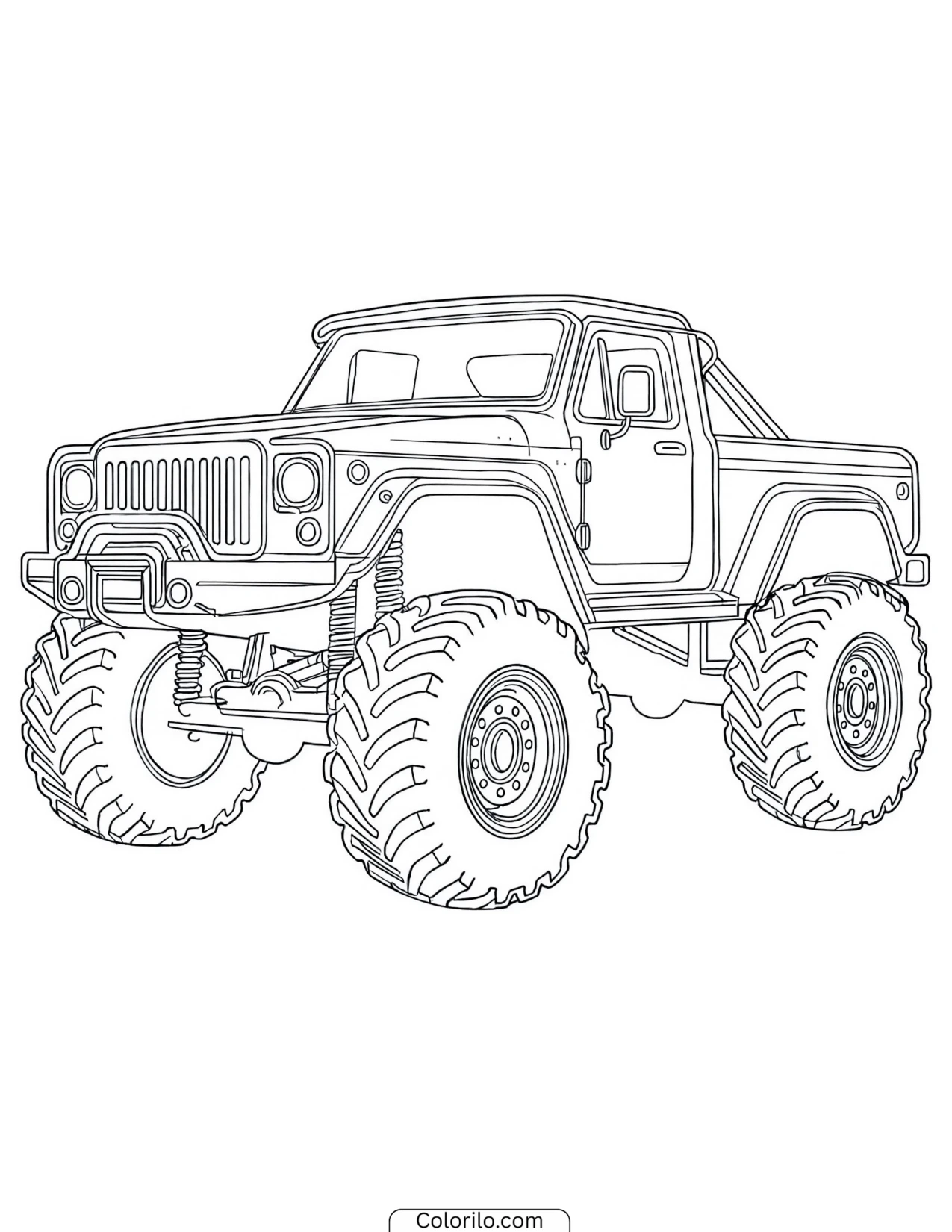 Monster truck with a winch mounted on the bumper coloring page