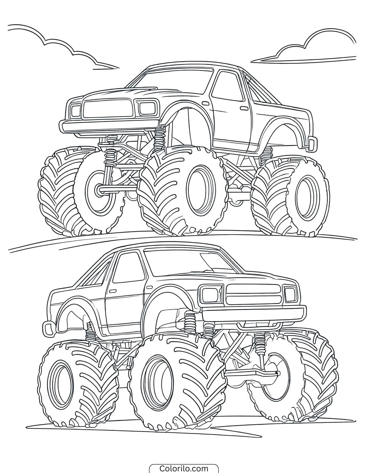 Two monster trucks beneath a cloudy sky coloring page