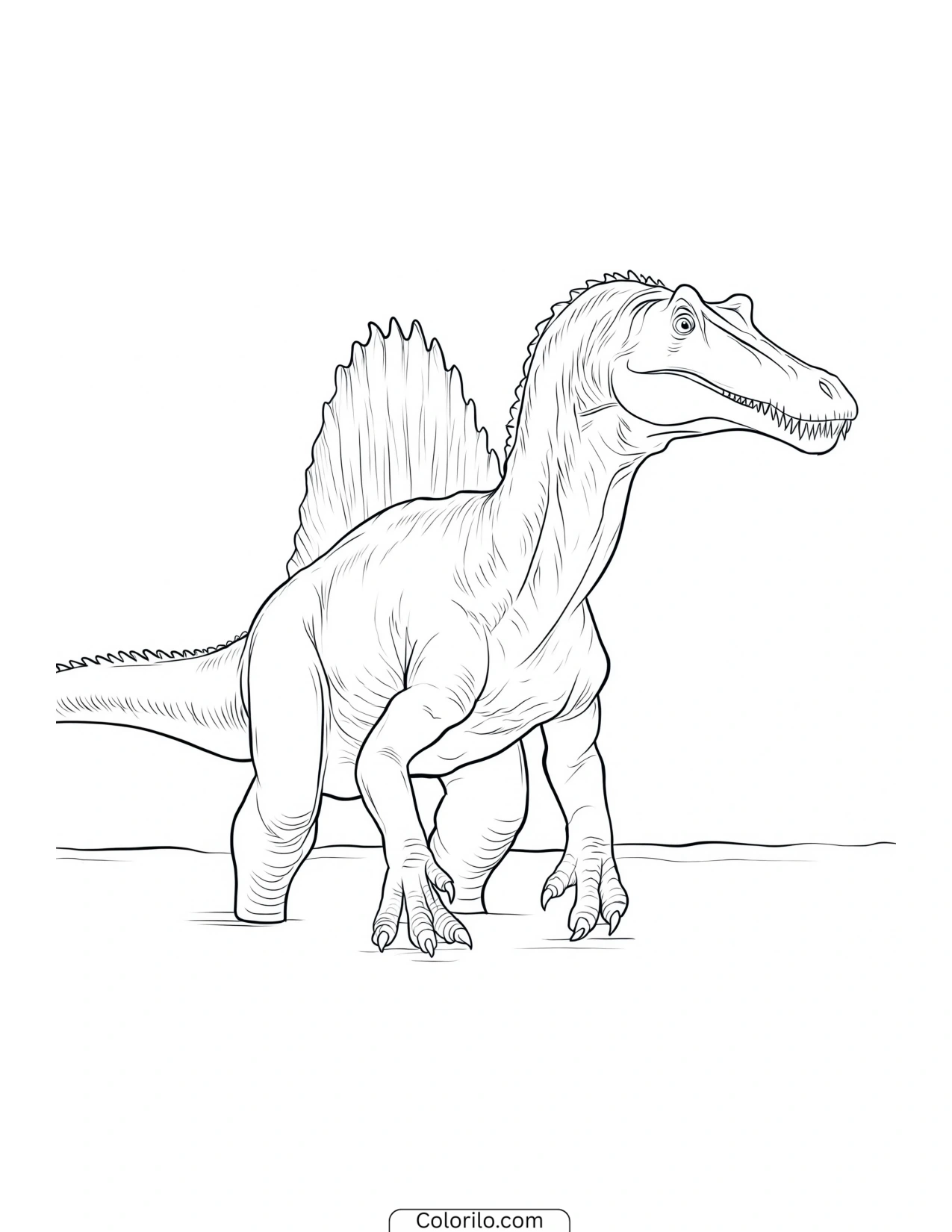 Spinosaurus wading through water with its tall back sail coloring page