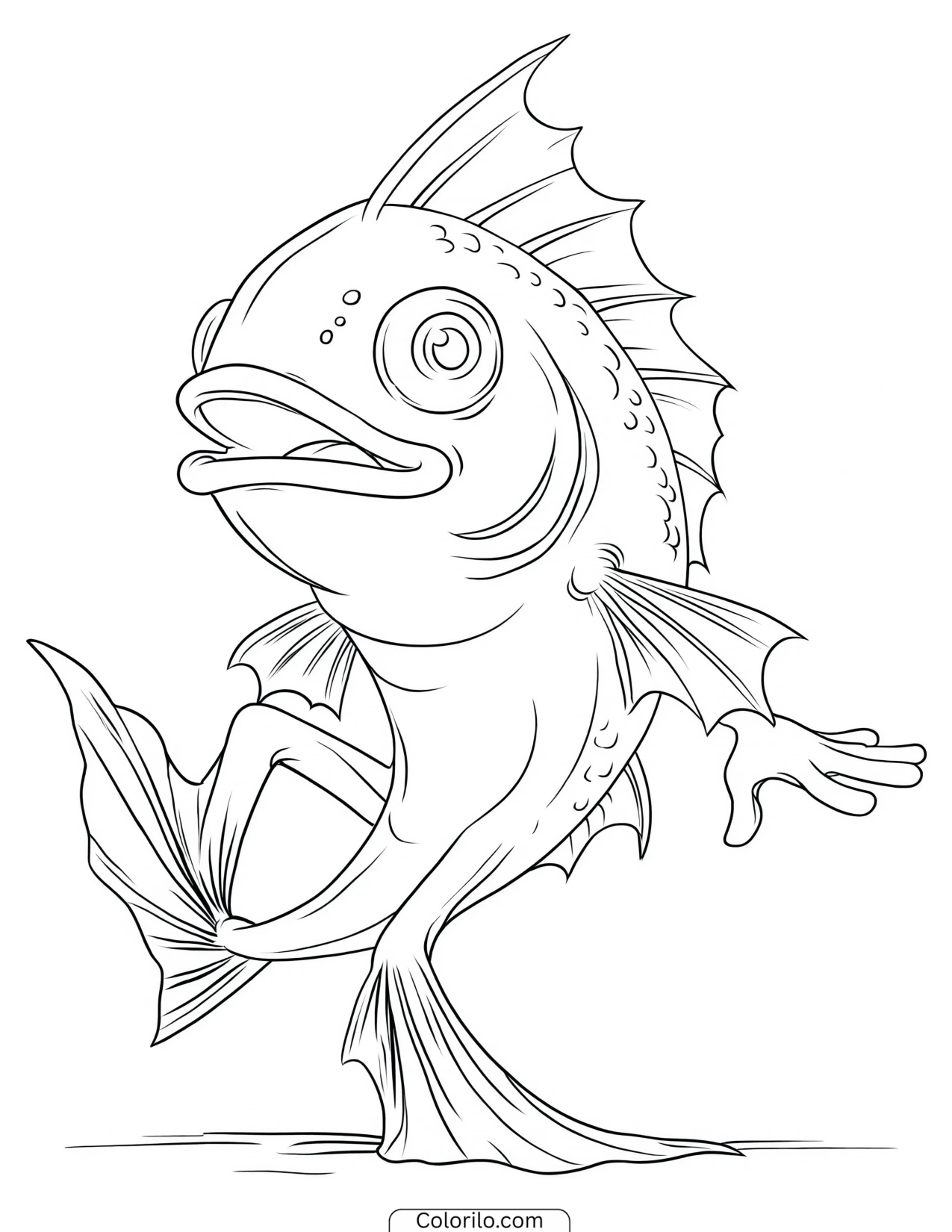 Cartoon fish character walking upright coloring page