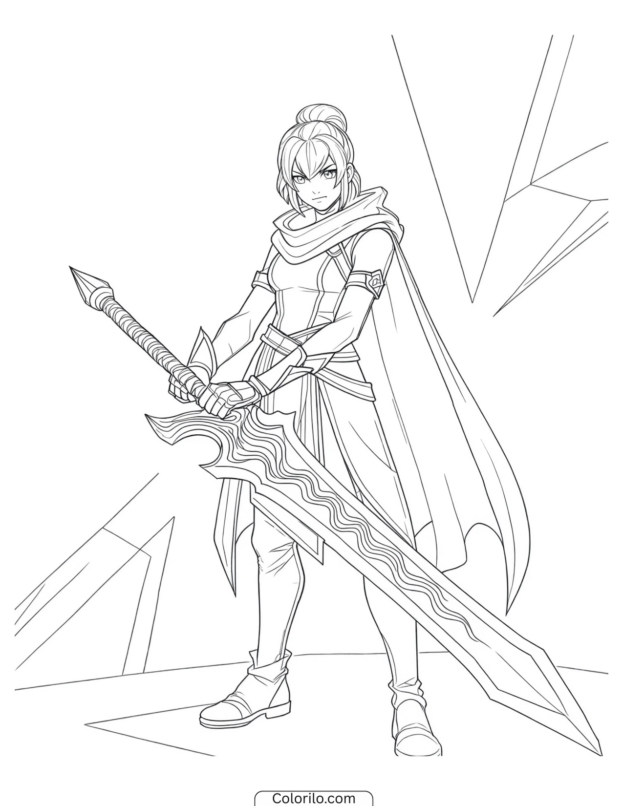 Warrior raising a greatsword overhead coloring page
