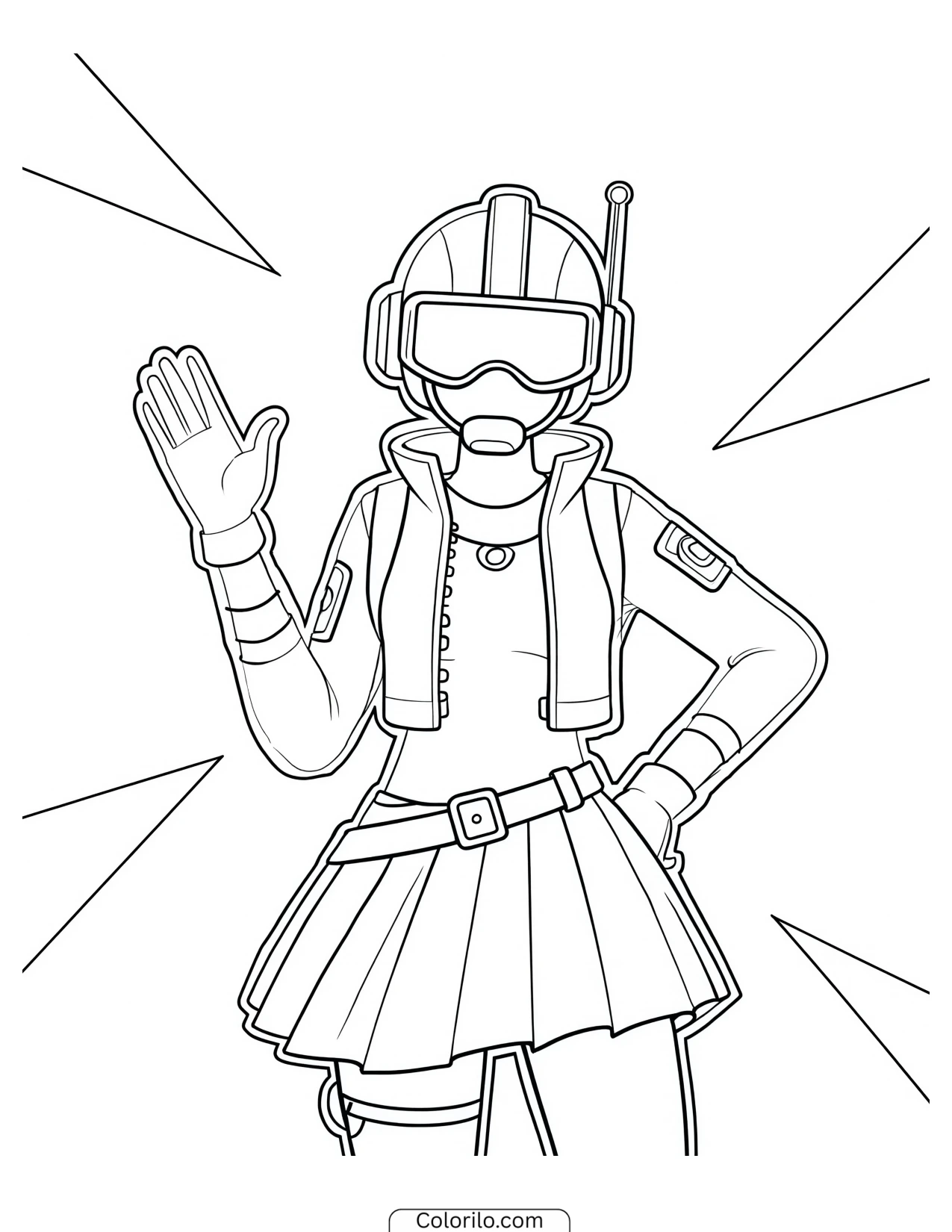 Character wearing goggles and waving coloring page