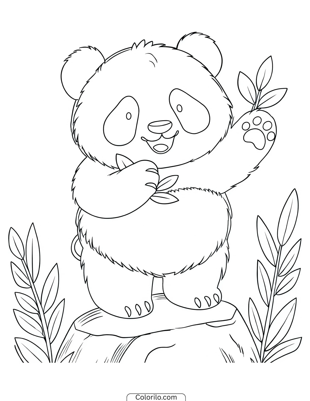 Panda waving while perched on a rock coloring page