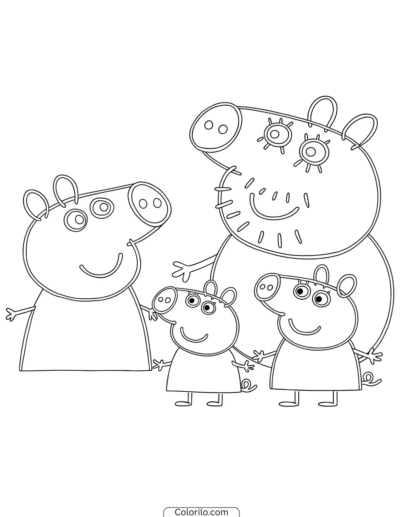 The whole pig family standing together coloring page